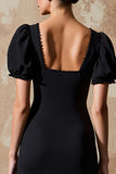 Black Square Neck Sheath Long Wedding Guest Dress with Puff Sleeves