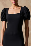 Black Square Neck Sheath Long Wedding Guest Dress with Puff Sleeves