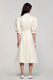 Ivory Shawl Lapel A Line Satin Midi Work Dress