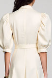 Ivory Shawl Lapel A Line Satin Midi Work Dress