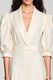 Ivory Shawl Lapel A Line Satin Midi Work Dress