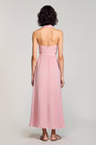 Pink Halter Backless Midi Wedding Guest Dress with Slit