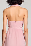 Pink Halter Backless Midi Wedding Guest Dress with Slit