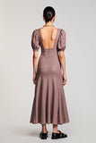 Coffee A Line Square Neck Long Wedding Guest Dress with Puff Sleeves