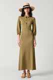 Olive Satin Collar Neck Long Wedding Guest Dress with 3/4 Sleeves
