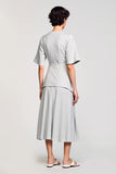 Grey Satin 2 Piece Round Neck Midi Summer Dress with Half Sleeves