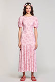 Pink Printed A Line Ruched Wedding Guest Dress
