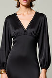V Neck Black A Line Ruched Wedding Guest Dress