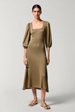 Square Neck Olive A Line Wedding Guest Dress