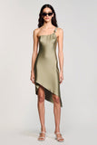 Olive Satin One Shoulder Sheath Wedding Guest Dress
