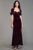 Velvet Burgundy Square Neck Wedding Guest Dress