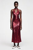 Sparkly Dark Red Sequins Halter Wedding Guest Dress