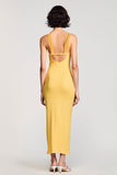 Yellow Sheath V Neck Ruched Wedding Guest Dress