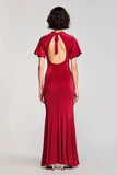 Velvet Red V Neck Wedding Guest Dress with Slit