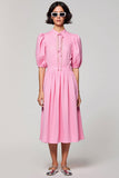 Pink Cotton Ruched A Line Wedding Guest Dress