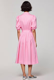 Pink Cotton Ruched A Line Wedding Guest Dress