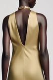 Gold Halter Satin A Line Wedding Guest Dress
