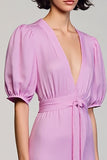 Purple A Line Deep V Neck Wedding Guest Dress with Short Sleeves