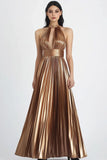 Gold Metallic Satin A Line Pleated Halter Evening Dress