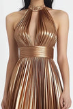 Gold Metallic Satin A Line Pleated Halter Evening Dress