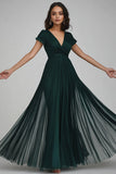 V Neck Dark Green Chiffon A Line Evening Dress