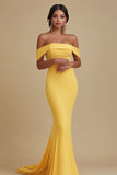 Off the Shoulder Matte Satin Yellow Mermaid Evening Dress