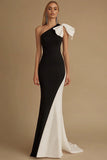 One Shoulder Black and White Sheath Evening Dress with Bow