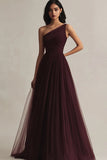 Burgundy Tulle A Line One Shoulder Evening Dress
