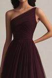 Burgundy Tulle A Line One Shoulder Evening Dress