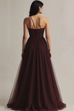 Burgundy Tulle A Line One Shoulder Evening Dress