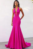 Deep V Neck Halter Mermaid Fuchsia Evening Dress