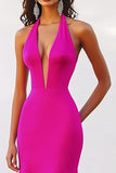 Deep V Neck Halter Mermaid Fuchsia Evening Dress