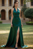 Dark Green Halter Satin A Line Evening Dress with Slit