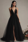 Black A Line Tulle Spaghetti Straps Long Evening Dress with Slit