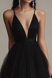 Black A Line Tulle Spaghetti Straps Long Evening Dress with Slit