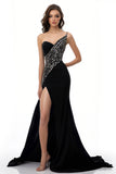 Sparkly Black A Line One Shoulder Long Evening Dress with Slit