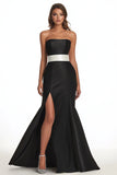 Black Satin Mermaid Strapless Long Evening Dress with Slit