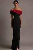 Black and Pink Satin Ruffled Off the Shoulder Sheath Long Evening Dress