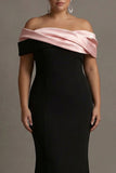 Black and Pink Mermaid Off The Shoulder Satin Long Plus Size Evening Dress