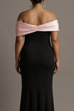 Black and Pink Mermaid Off The Shoulder Satin Long Plus Size Evening Dress