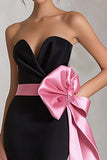 Black and Pink Sheath Strapless Satin Long Evening Dress with Bow
