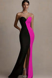Black and White Sheath Satin Strapless Long Evening Dress with Slit