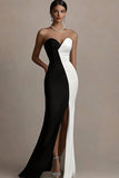 Black and White Sheath Satin Strapless Long Evening Dress with Slit