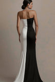 Black and White Sheath Satin Strapless Long Evening Dress with Slit
