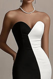 Black and White Sheath Satin Strapless Long Evening Dress with Slit