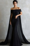 Black Off the Shoulder Mermaid Long Evening Dress with Cape