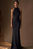 Black Satin Halter Sheath Long Evening Dress