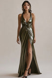 Olive Metallic Ruched Mermaid Evening Dress with Slit