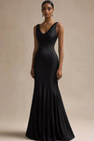 Black V Neck Mermaid Satin Long Evening Dress