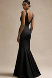 Black V Neck Mermaid Satin Long Evening Dress